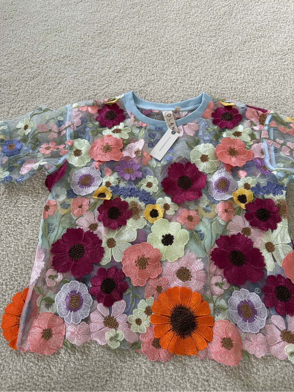 Anthropologie tops! Floral Applique Sheer Top & Cream Puff-Sleeve Tee - Picture 7 of 11